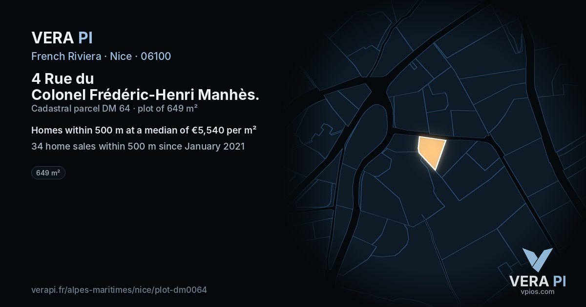 4 Rue du Colonel Frédéric-Henri Manhès, Nice at night – the plot lit, the parcels around coloured by the prices near them