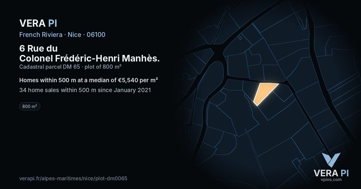 6 Rue du Colonel Frédéric-Henri Manhès, Nice at night – the plot lit, the parcels around coloured by the prices near them