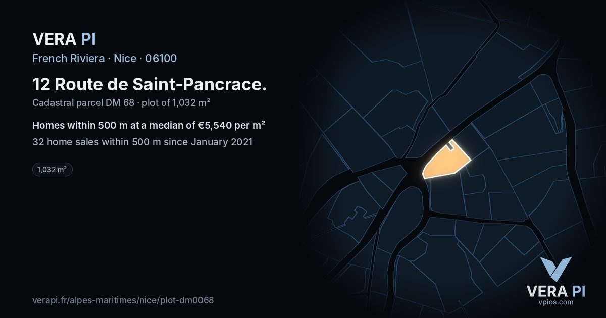 12 Route de Saint-Pancrace, Nice at night – the plot lit, the parcels around coloured by the prices near them