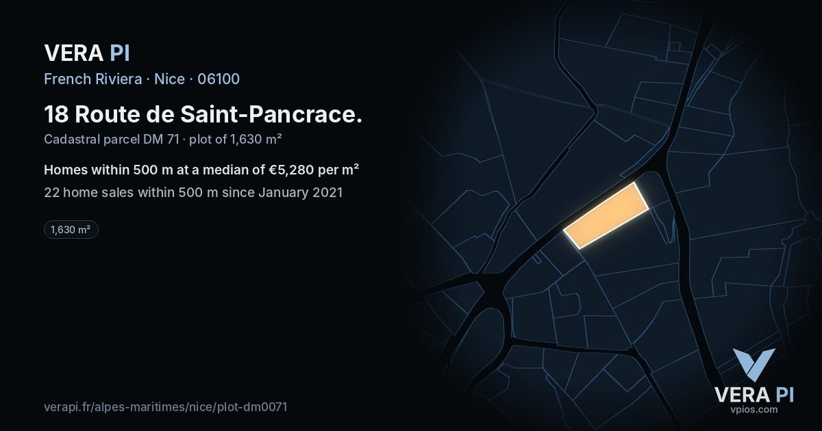 18 Route de Saint-Pancrace, Nice at night – the plot lit, the parcels around coloured by the prices near them