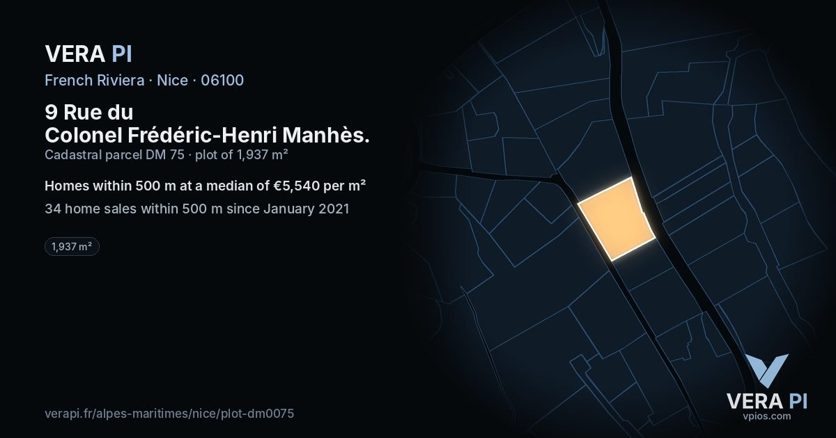 9 Rue du Colonel Frédéric-Henri Manhès, Nice at night – the plot lit, the parcels around coloured by the prices near them