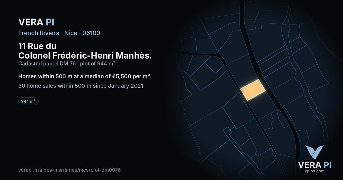 11 Rue du Colonel Frédéric-Henri Manhès, Nice at night – the plot lit, the parcels around coloured by the prices near them