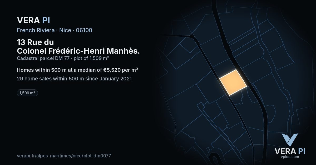 13 Rue du Colonel Frédéric-Henri Manhès, Nice at night – the plot lit, the parcels around coloured by the prices near them