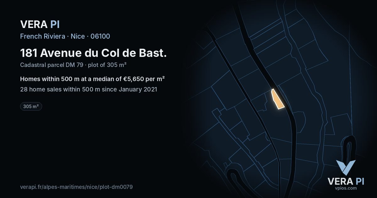 181 Avenue du Col de Bast, Nice at night – the plot lit, the parcels around coloured by the prices near them