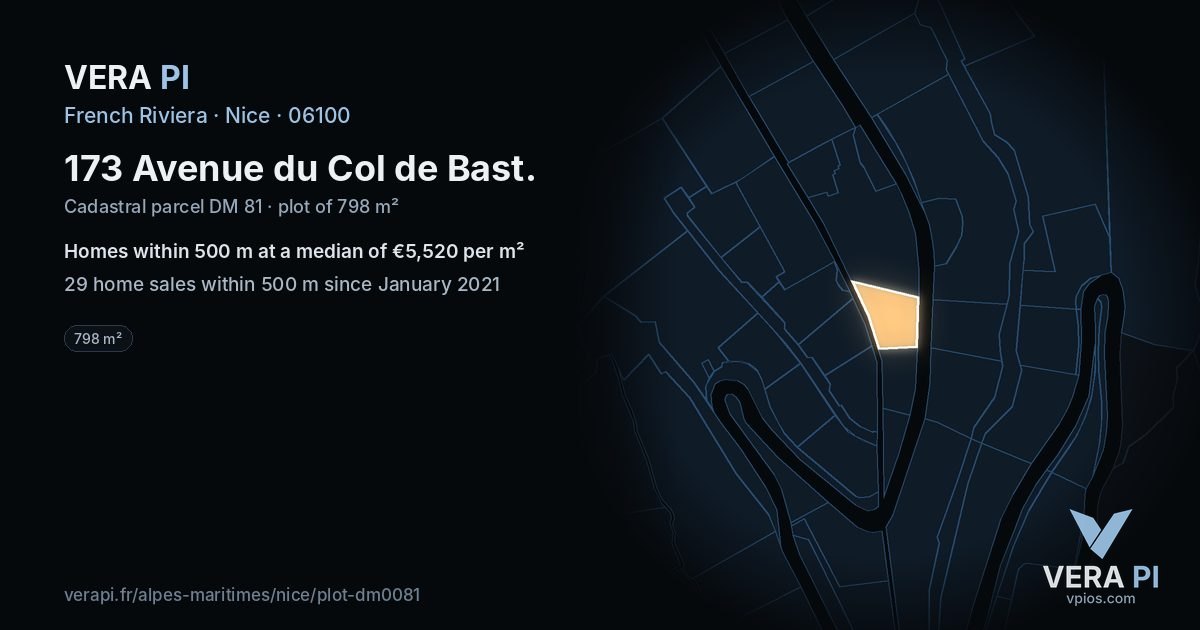 173 Avenue du Col de Bast, Nice at night – the plot lit, the parcels around coloured by the prices near them