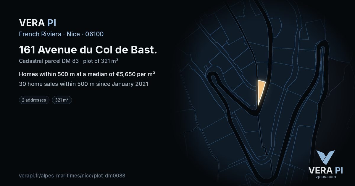 161 Avenue du Col de Bast, Nice at night – the plot lit, the parcels around coloured by the prices near them