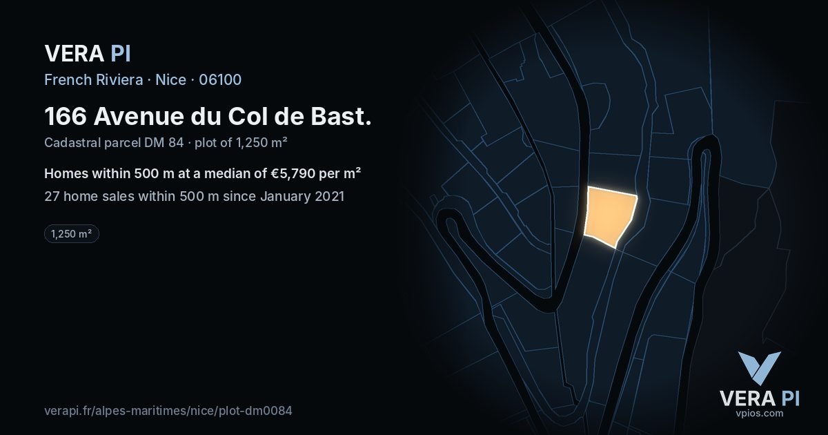 166 Avenue du Col de Bast, Nice at night – the plot lit, the parcels around coloured by the prices near them