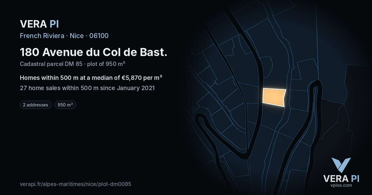 180 Avenue du Col de Bast, Nice at night – the plot lit, the parcels around coloured by the prices near them