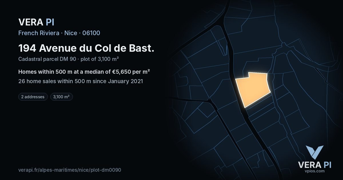 194 Avenue du Col de Bast, Nice at night – the plot lit, the parcels around coloured by the prices near them
