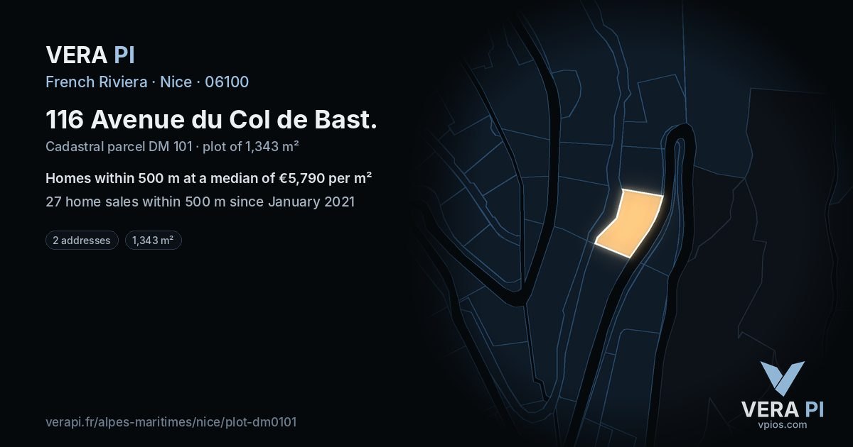 116 Avenue du Col de Bast, Nice at night – the plot lit, the parcels around coloured by the prices near them