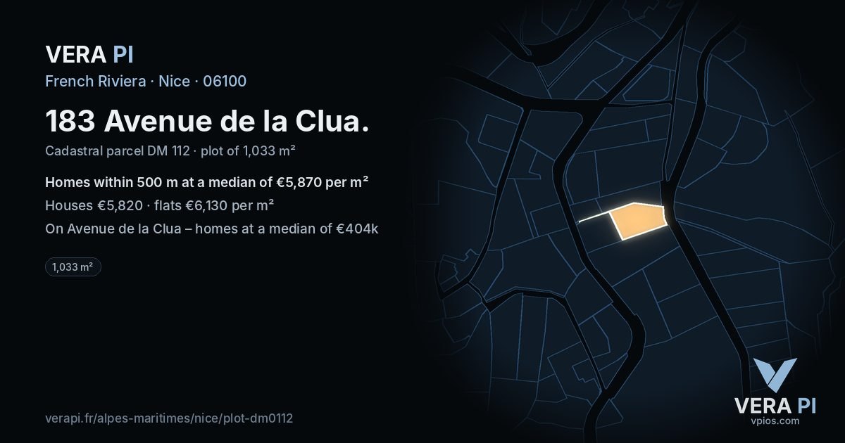 183 Avenue de la Clua, Nice at night – the plot lit, the parcels around coloured by the prices near them