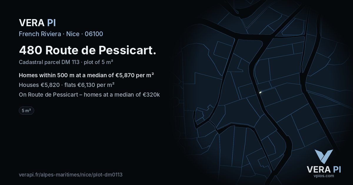 480 Route de Pessicart, Nice at night – the plot lit, the parcels around coloured by the prices near them