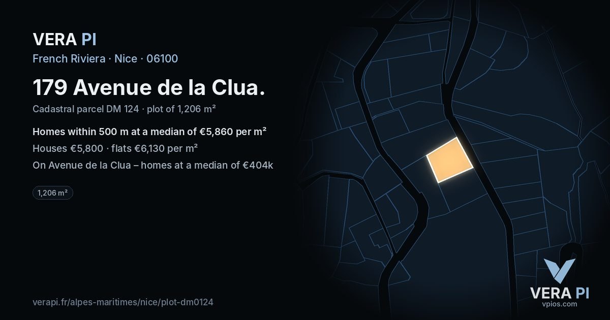179 Avenue de la Clua, Nice at night – the plot lit, the parcels around coloured by the prices near them