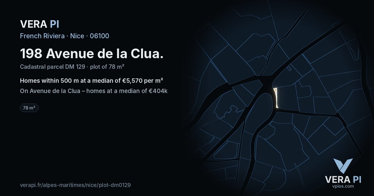 198 Avenue de la Clua, Nice at night – the plot lit, the parcels around coloured by the prices near them