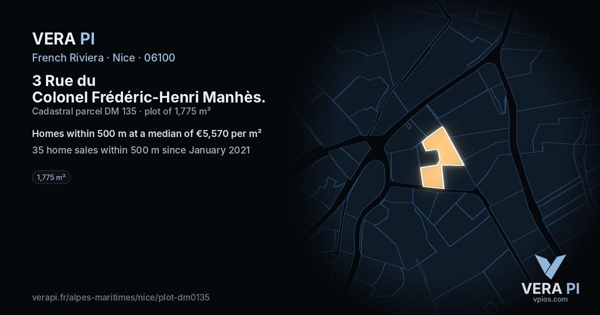 3 Rue du Colonel Frédéric-Henri Manhès, Nice at night – the plot lit, the parcels around coloured by the prices near them