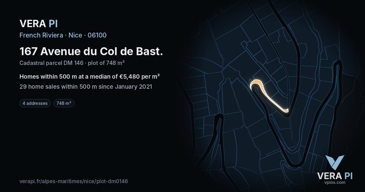 167 Avenue du Col de Bast, Nice at night – the plot lit, the parcels around coloured by the prices near them