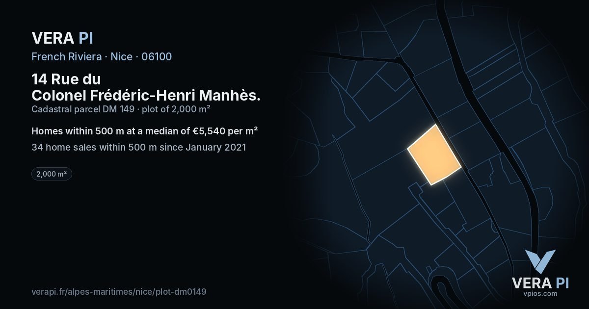 14 Rue du Colonel Frédéric-Henri Manhès, Nice at night – the plot lit, the parcels around coloured by the prices near them