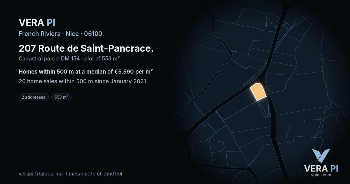 207 Route de Saint-Pancrace, Nice at night – the plot lit, the parcels around coloured by the prices near them