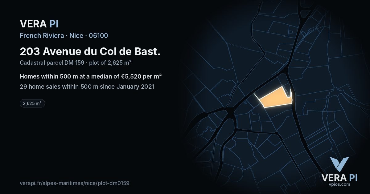 203 Avenue du Col de Bast, Nice at night – the plot lit, the parcels around coloured by the prices near them