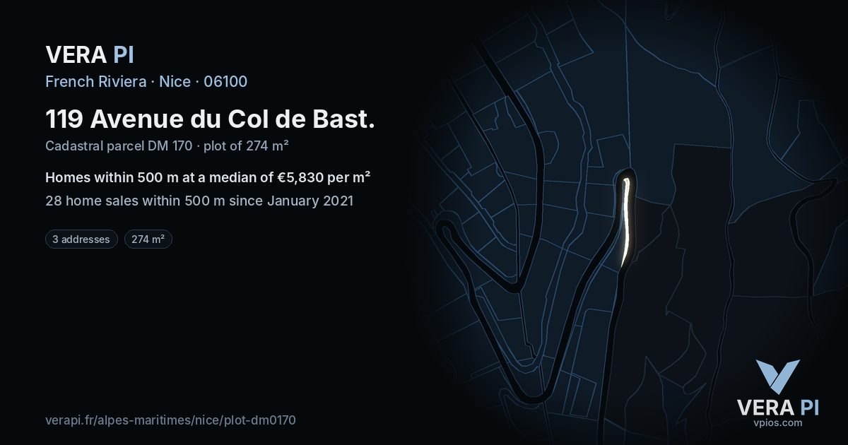 119 Avenue du Col de Bast, Nice at night – the plot lit, the parcels around coloured by the prices near them