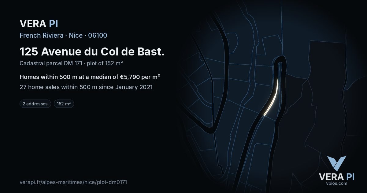 125 Avenue du Col de Bast, Nice at night – the plot lit, the parcels around coloured by the prices near them