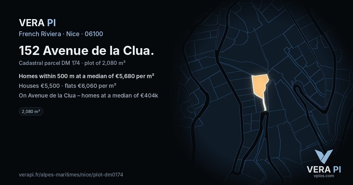 152 Avenue de la Clua, Nice at night – the plot lit, the parcels around coloured by the prices near them