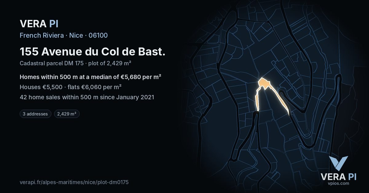 155 Avenue du Col de Bast, Nice at night – the plot lit, the parcels around coloured by the prices near them