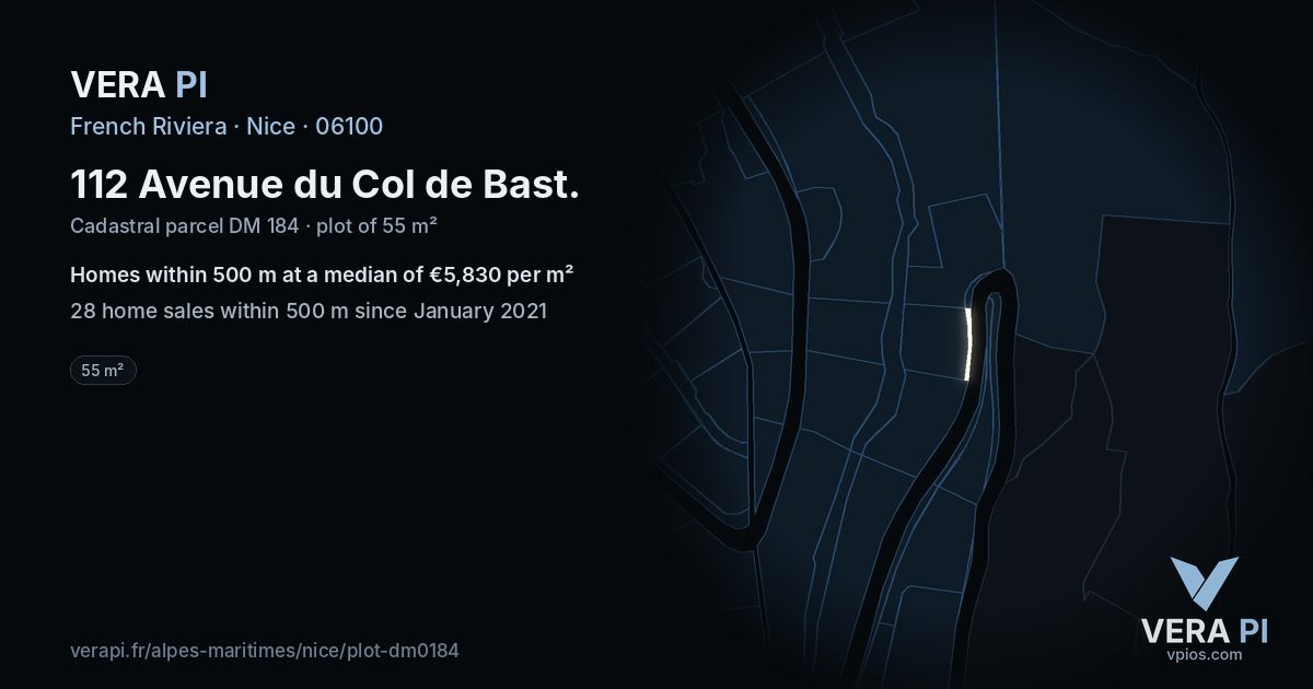 112 Avenue du Col de Bast, Nice at night – the plot lit, the parcels around coloured by the prices near them
