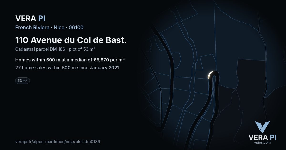 110 Avenue du Col de Bast, Nice at night – the plot lit, the parcels around coloured by the prices near them