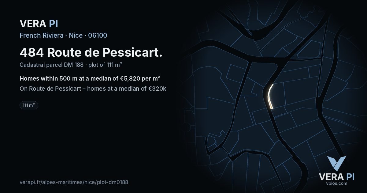 484 Route de Pessicart, Nice at night – the plot lit, the parcels around coloured by the prices near them