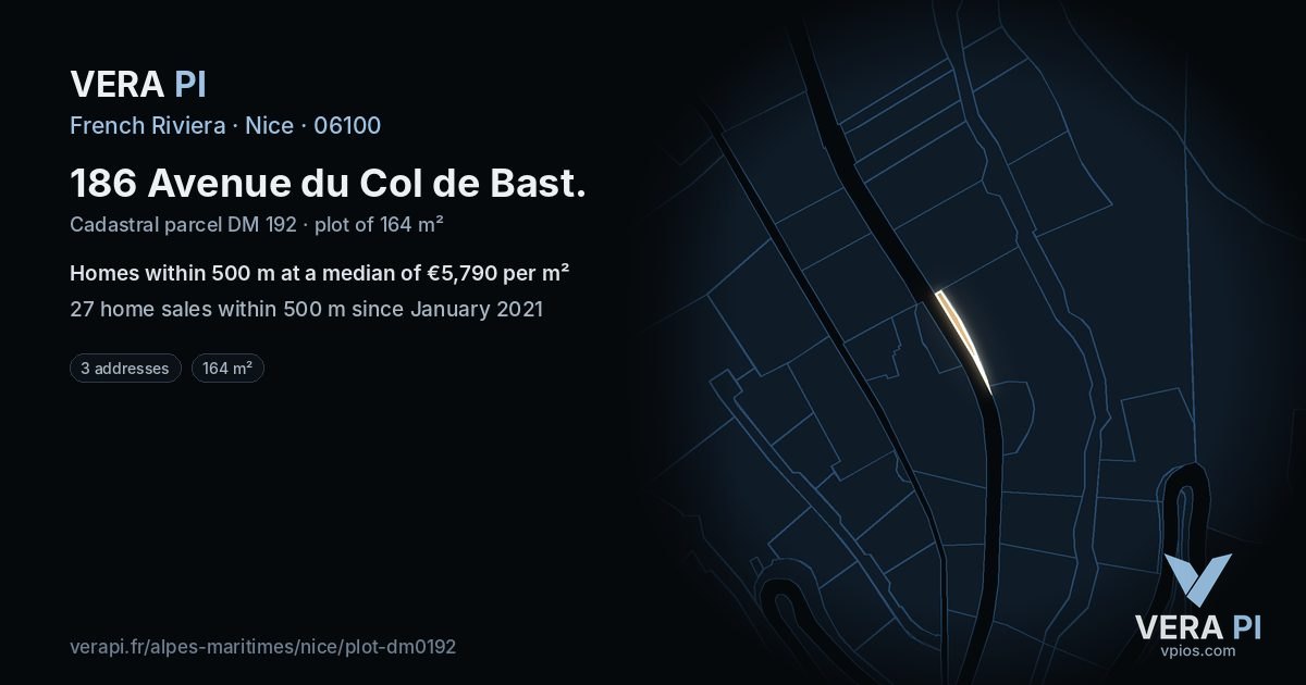 186 Avenue du Col de Bast, Nice at night – the plot lit, the parcels around coloured by the prices near them