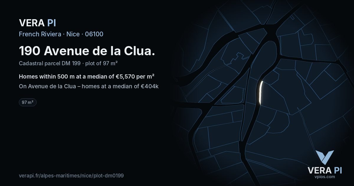 190 Avenue de la Clua, Nice at night – the plot lit, the parcels around coloured by the prices near them