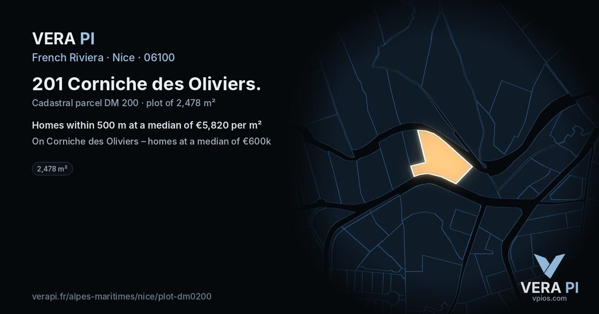 201 Corniche des Oliviers, Nice at night – the plot lit, the parcels around coloured by the prices near them
