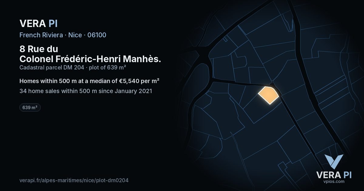 8 Rue du Colonel Frédéric-Henri Manhès, Nice at night – the plot lit, the parcels around coloured by the prices near them