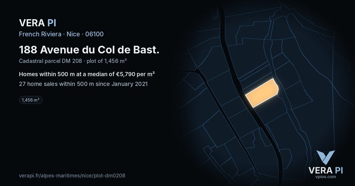 188 Avenue du Col de Bast, Nice at night – the plot lit, the parcels around coloured by the prices near them