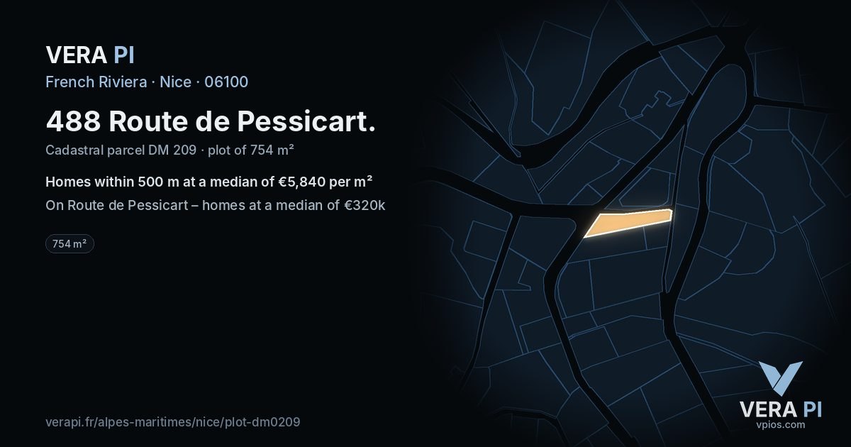 488 Route de Pessicart, Nice at night – the plot lit, the parcels around coloured by the prices near them