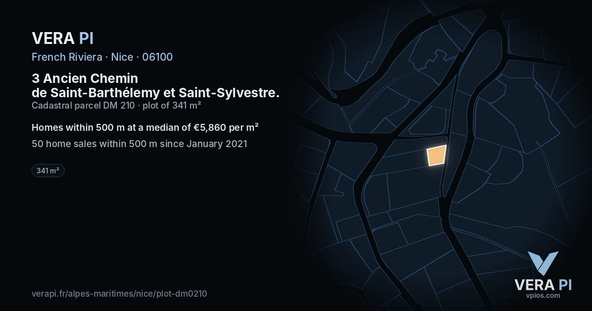 3 Ancien Chemin de Saint-Barthélemy et Saint-Sylvestre, Nice at night – the plot lit, the parcels around coloured by the prices near them