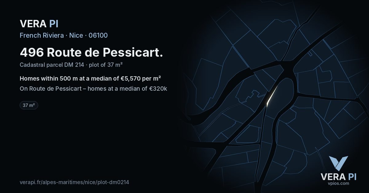 496 Route de Pessicart, Nice at night – the plot lit, the parcels around coloured by the prices near them