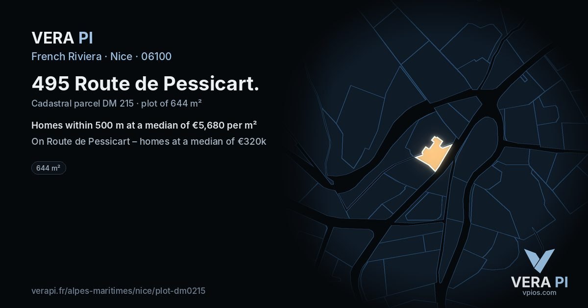 495 Route de Pessicart, Nice at night – the plot lit, the parcels around coloured by the prices near them