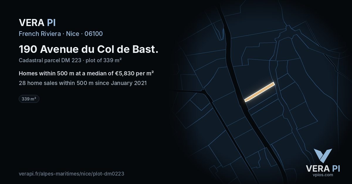 190 Avenue du Col de Bast, Nice at night – the plot lit, the parcels around coloured by the prices near them