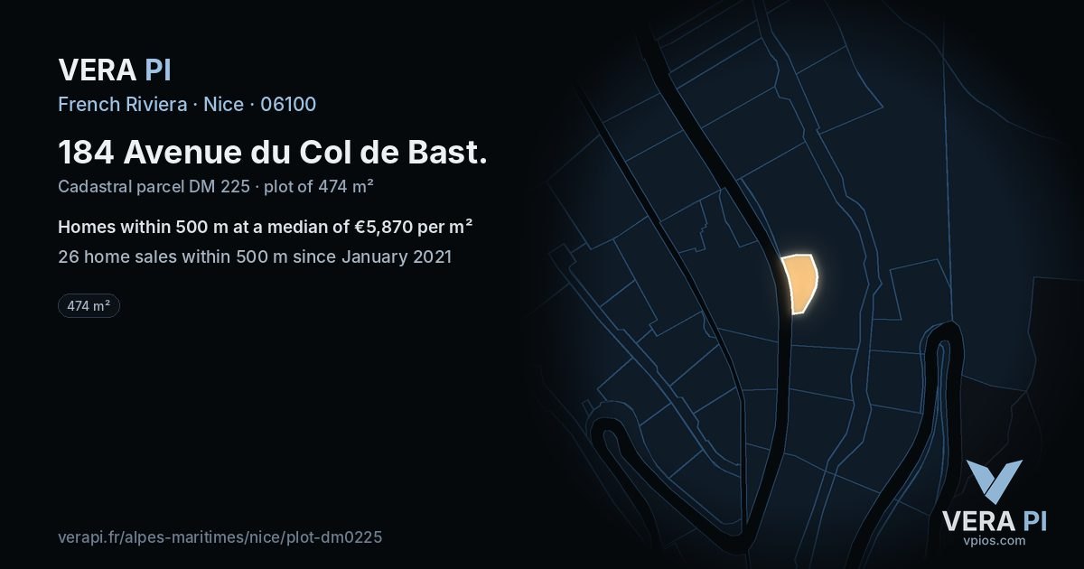 184 Avenue du Col de Bast, Nice at night – the plot lit, the parcels around coloured by the prices near them