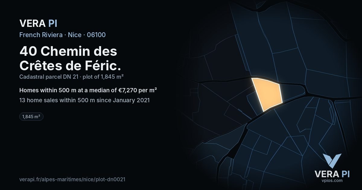 40 Chemin des Crêtes de Féric, Nice at night – the plot lit, the parcels around coloured by the prices near them