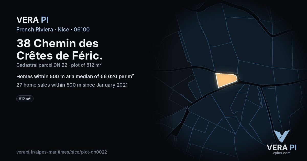 38 Chemin des Crêtes de Féric, Nice at night – the plot lit, the parcels around coloured by the prices near them