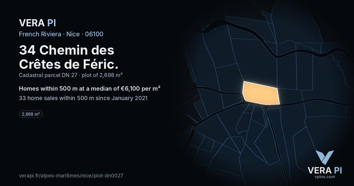 34 Chemin des Crêtes de Féric, Nice at night – the plot lit, the parcels around coloured by the prices near them