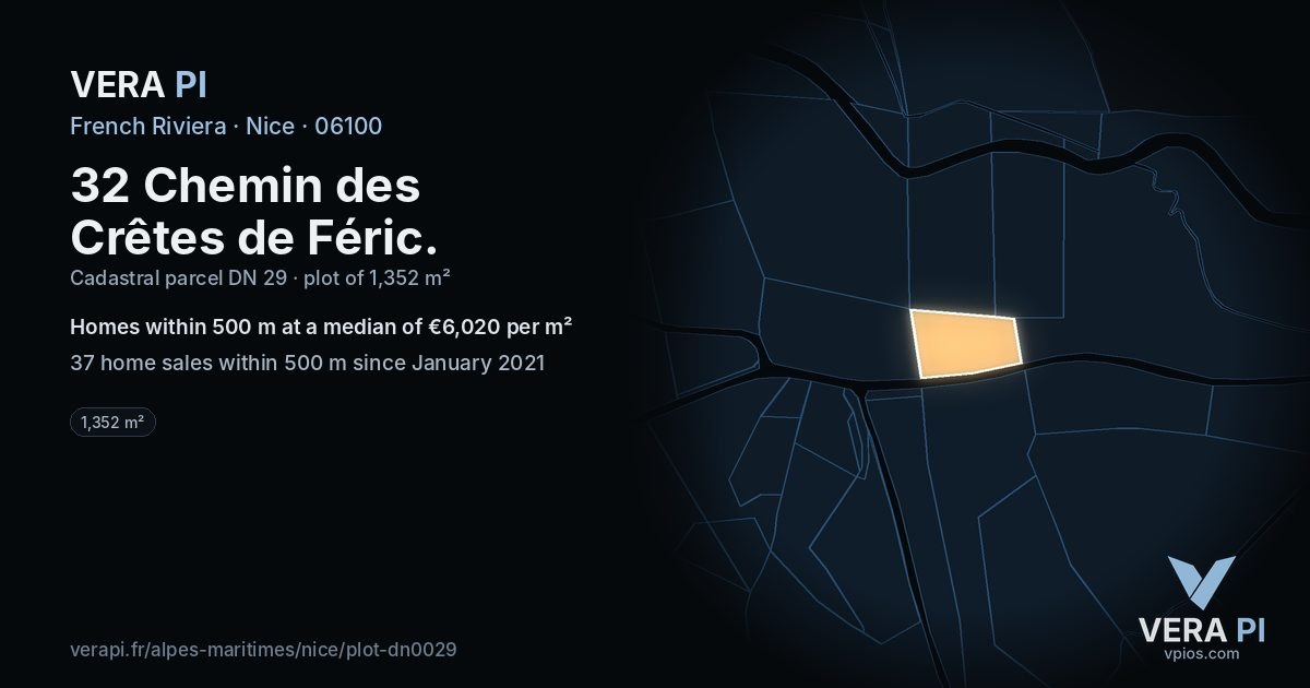 32 Chemin des Crêtes de Féric, Nice at night – the plot lit, the parcels around coloured by the prices near them
