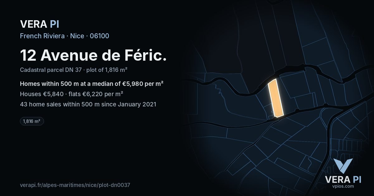 12 Avenue de Féric, Nice at night – the plot lit, the parcels around coloured by the prices near them