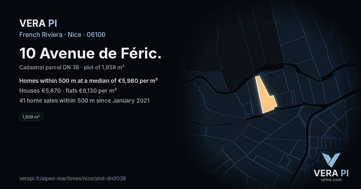 10 Avenue de Féric, Nice at night – the plot lit, the parcels around coloured by the prices near them