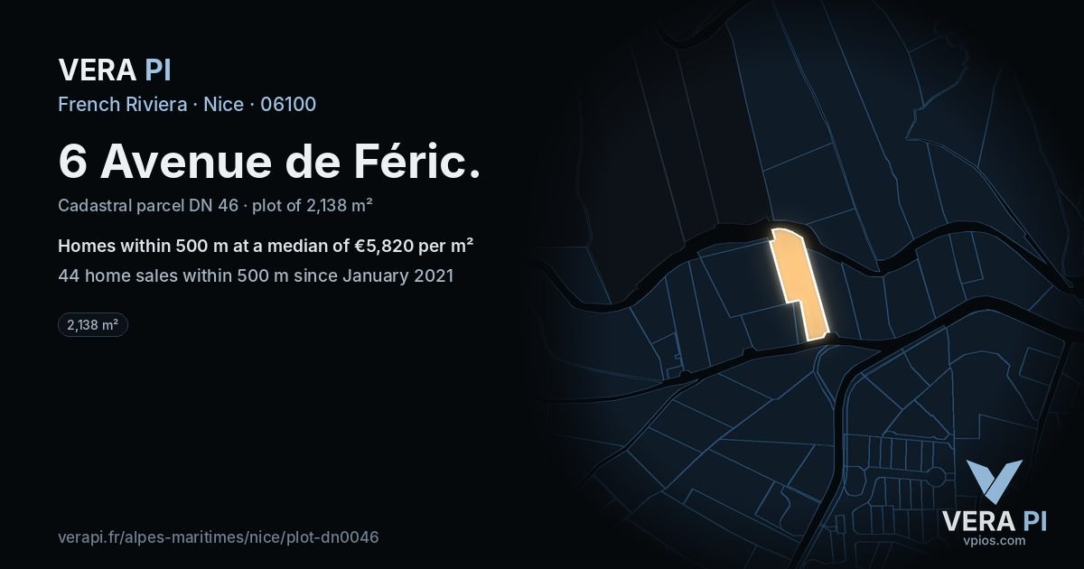 6 Avenue de Féric, Nice at night – the plot lit, the parcels around coloured by the prices near them