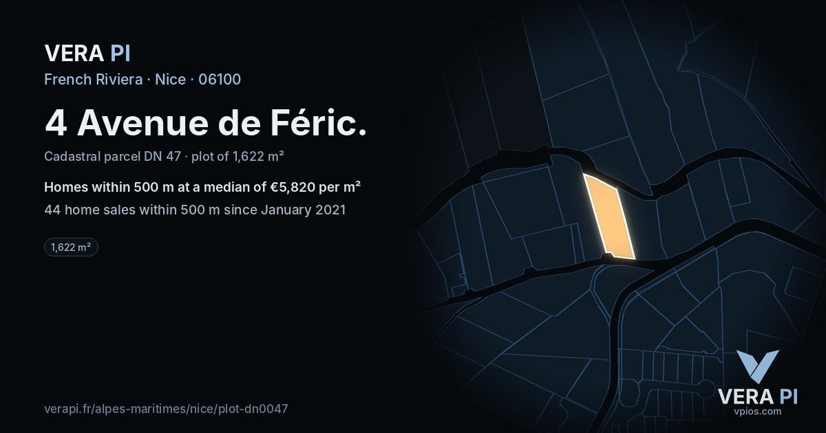 4 Avenue de Féric, Nice at night – the plot lit, the parcels around coloured by the prices near them