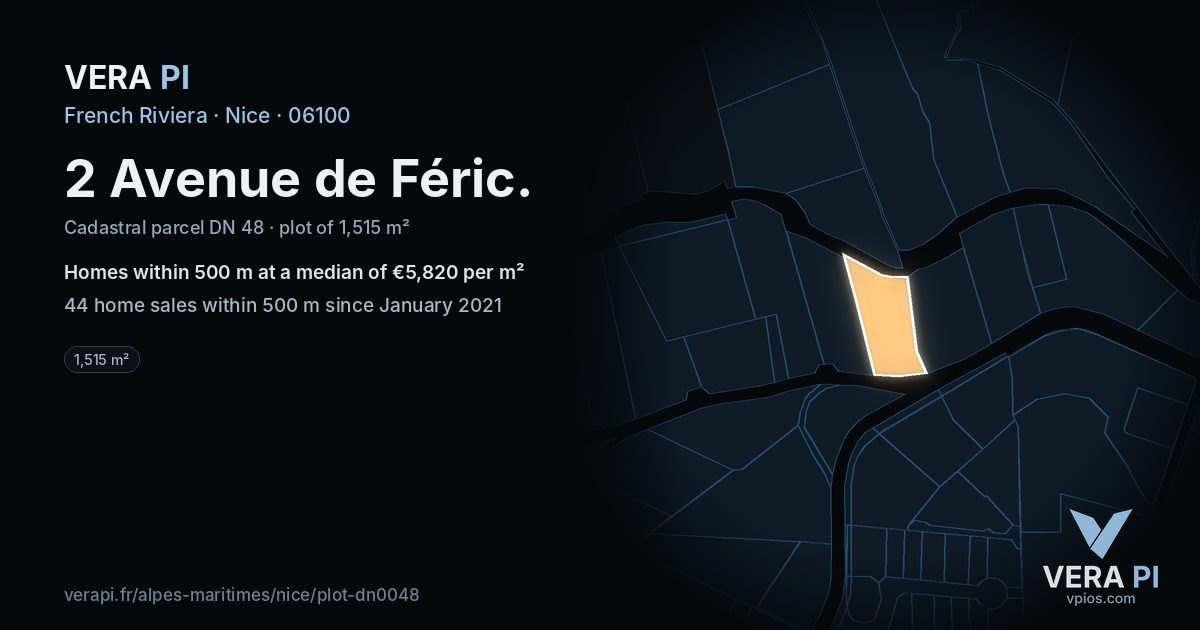 2 Avenue de Féric, Nice at night – the plot lit, the parcels around coloured by the prices near them